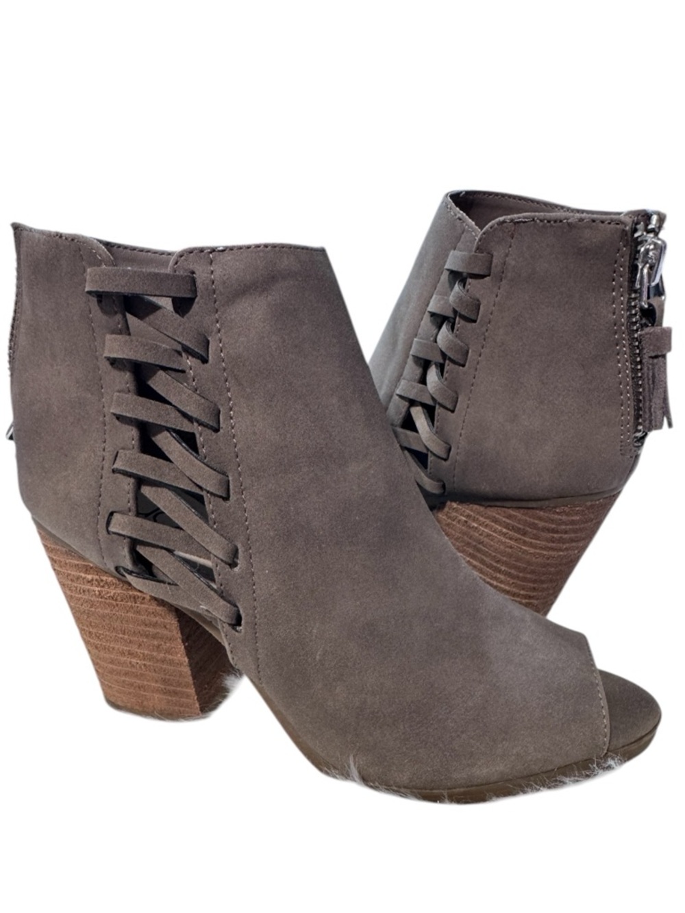 Sugar Women's Taupe Suede Open-Toe Ankle Booties with Stacked Heel Size 6 M
